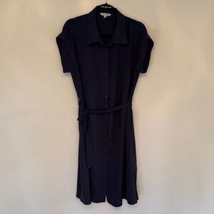 Elegant Navy Midi Dress with Waist Tie